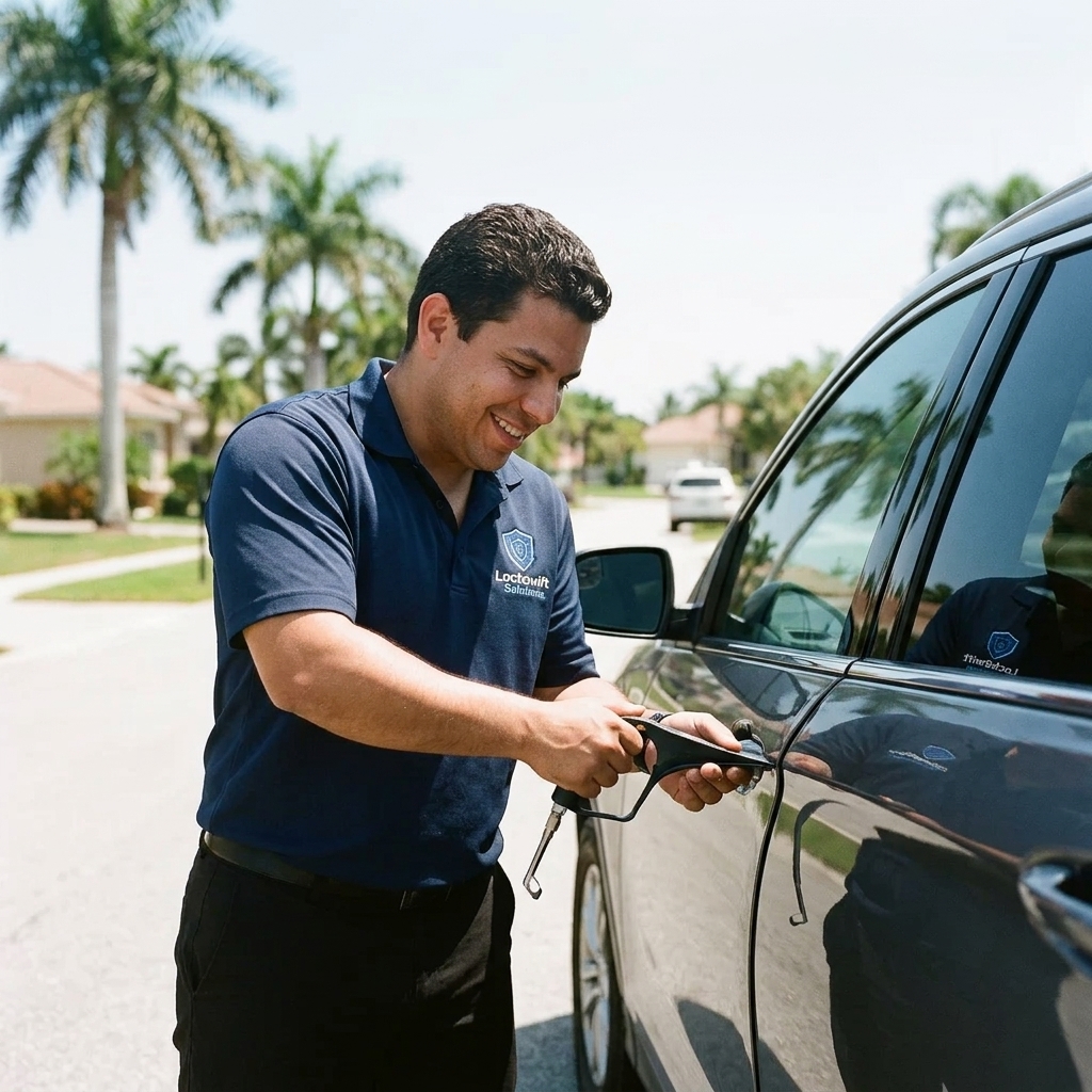 Locksmith technician performing non-destructive precision vehicle entry in North Port FL